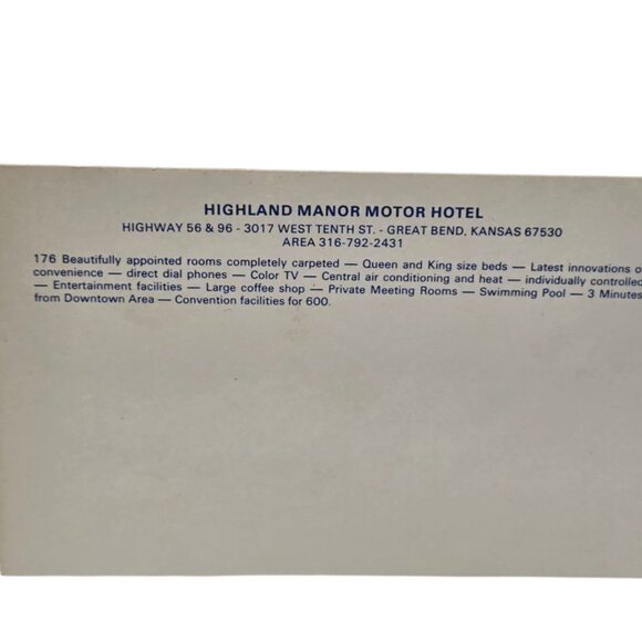 Vintage Highland Manor Motor Hotel Postcard Great Bend Kansas Large - Picture 14 of 15